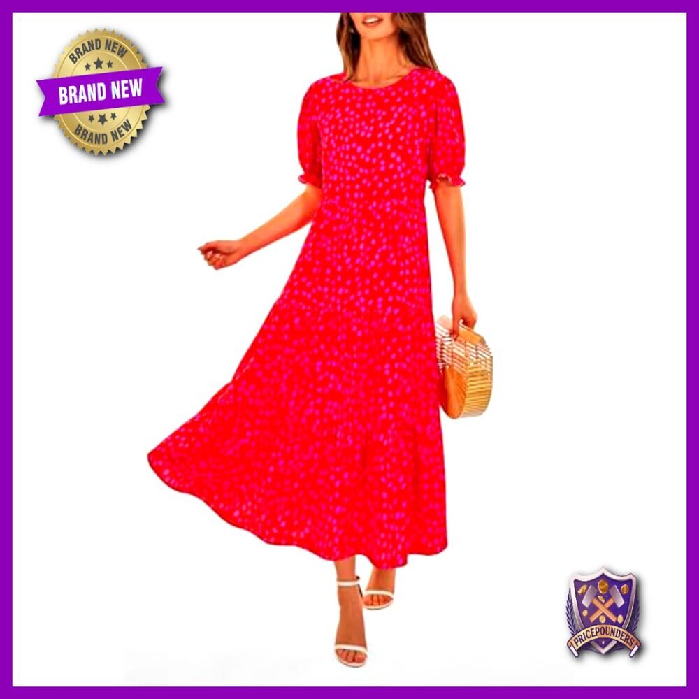 Floral Boho Midi Dress Casual Puff Sleeve Flowy Summer Beach Vacation Sundress - Picture 3 of 7